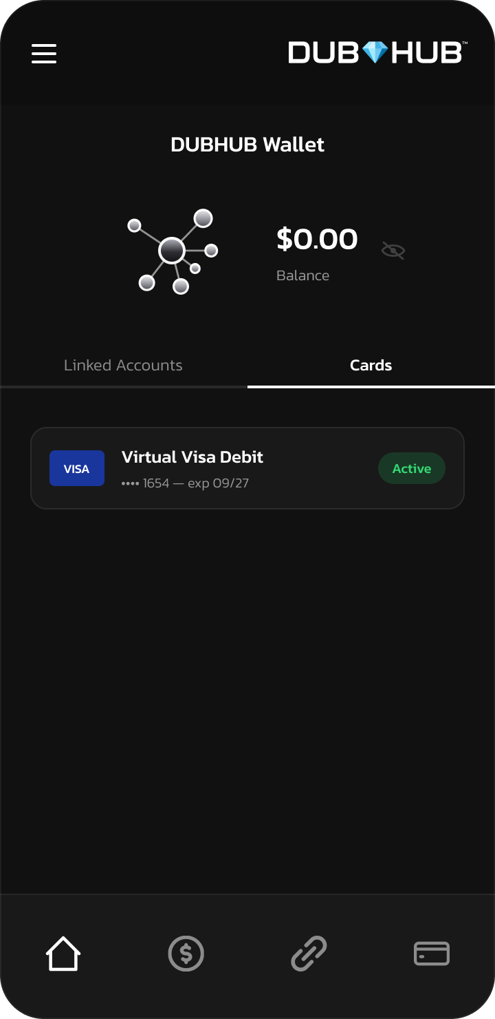 Wallet showing linked Visa card
